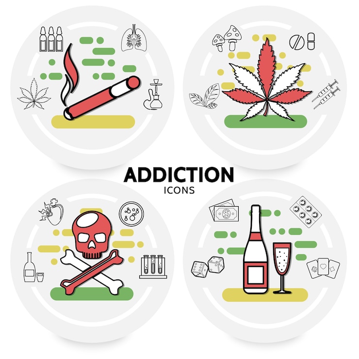Free Vector harmful addictions concept with cigarette marijuana leaves sick lungs hookah skull alcohol money dice