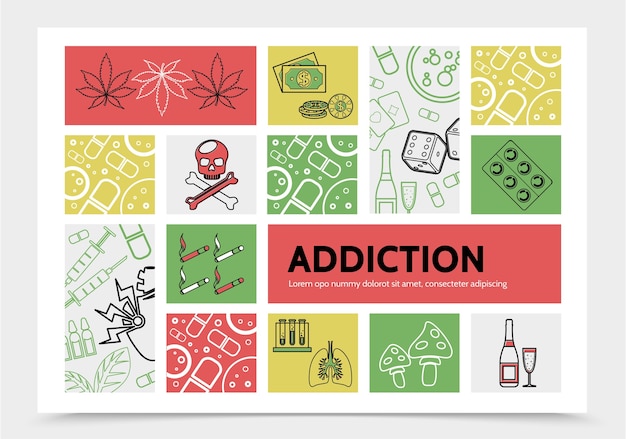 마리화나와 유해한 중독 인포 그래픽 개념은 돈 칩 주사위 두개골 담배 마약 잎