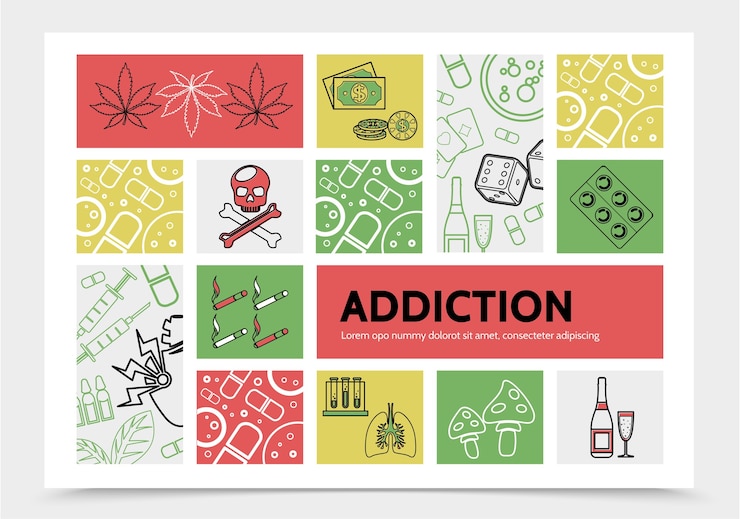 Free Vector harmful addictions infographic concept with marijuana leaves money chips dice skull cigarettes drugs