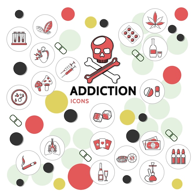 Harmful addictions line icons collection with skull sick lungs drugs gambling mushrooms narcotic