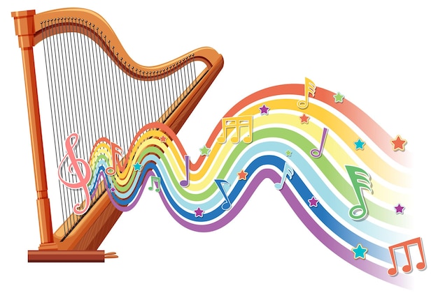 Бесплатное векторное изображение Арфа с символами мелодии на радужной волне