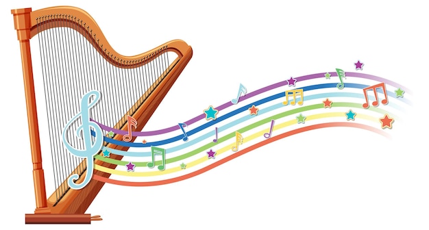 Free vector harp with melody symbols on rainbow wave