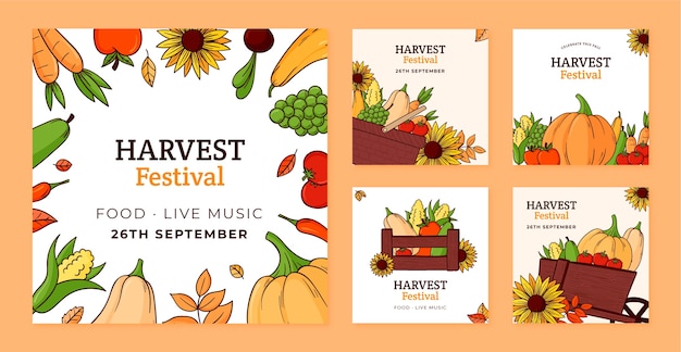 Free vector harvest festival celebration instagram posts collection