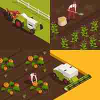 Бесплатное векторное изображение Концепция уборки урожая 4 изометрических композиции с рабочими фермы