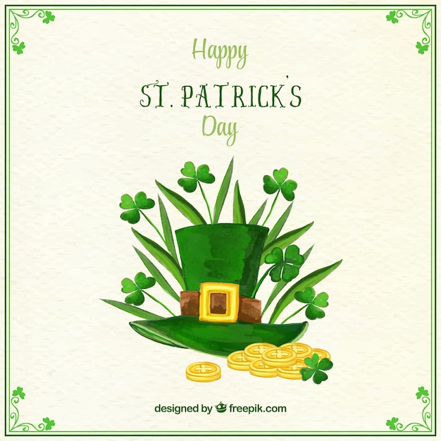 Free vector hat background with clovers and coins of saint patrick's day