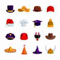 Free vector hats and caps flat color icons set of sombrero bowler square academic hat baseball cap