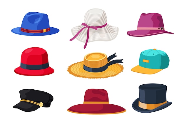 Cappelli e berretti per set di illustrazioni di cartoni animati per uomini e donne. retro e moderno copricapo maschile e femminile, cowboy e cappello di paglia estivo isolato su bianco