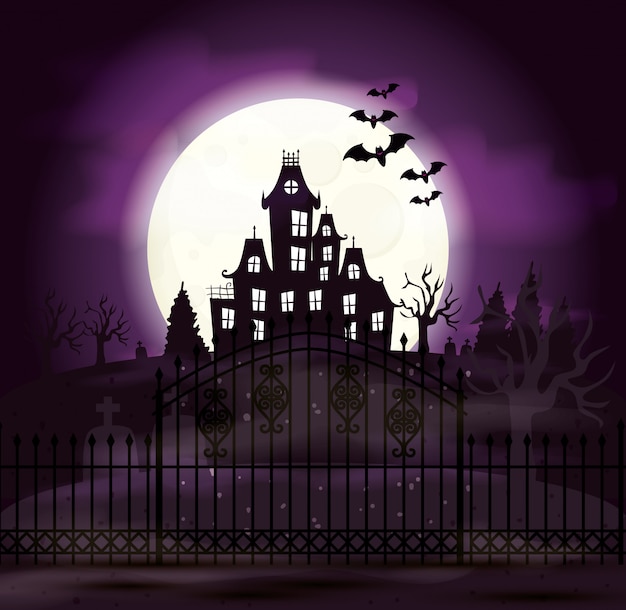Замок с привидениями с кладбищем и иконами в сцене Хэллоуина