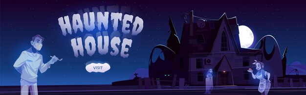 Haunted house cartoon web banner, online invitation to Halloween party.