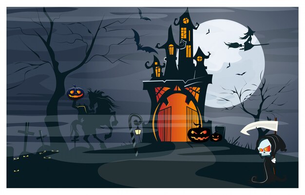 Haunted house, headless horseman, pumpkins at moon night