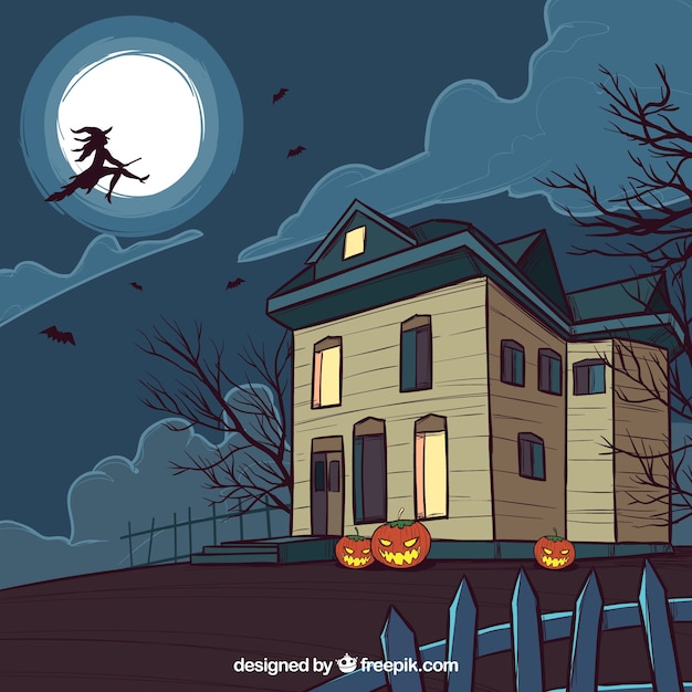 Free vector haunted house and witch