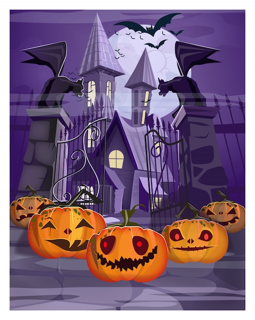 Free vector haunted house with gate and pumpkins illustration