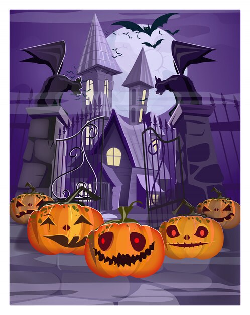 Haunted house with gate and pumpkins illustration