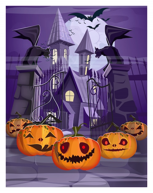 Haunted house with gate and pumpkins illustration