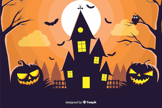 Free vector haunted house with pumpkins background