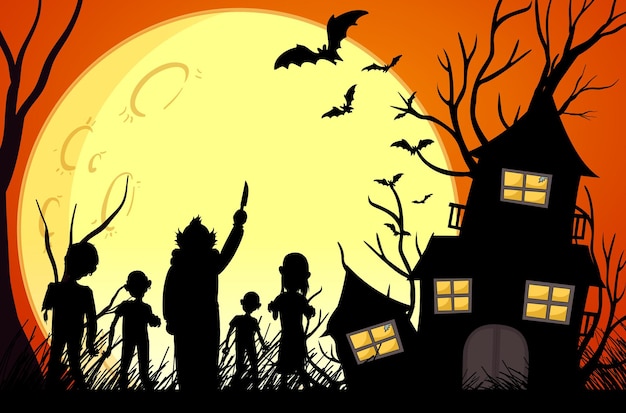 Haunted house and zombies silhouette on full background