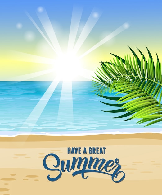 바다, 열대 잎, 해변 및 일출과 함께 멋진 여름 인사말 카드를 보내십시오.