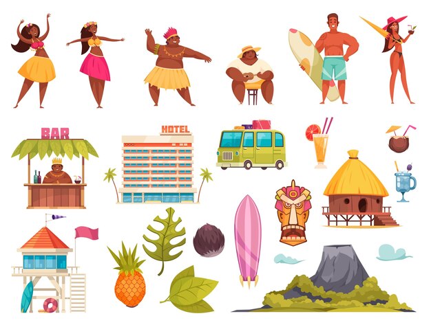 Hawaii icon set with Hawaiian people hotels huts buses surf attributes volcano vector illustration
