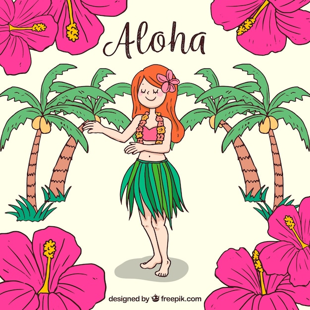 Vettore gratuito sfondo della ragazza hawaiana con fiori disegnati a mano