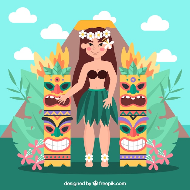 Free vector hawaiian girl with tiki totems