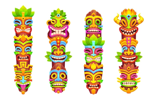 Free vector hawaiian tribal totems with tiki masks on poles