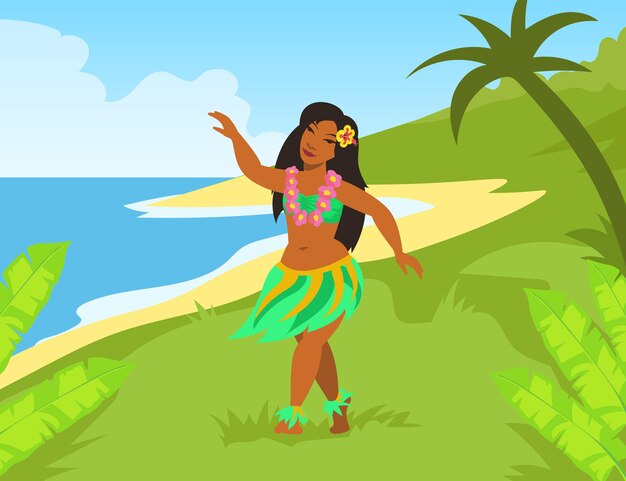 해변에서 춤추는 국립 의상을 입은 하와이 여자