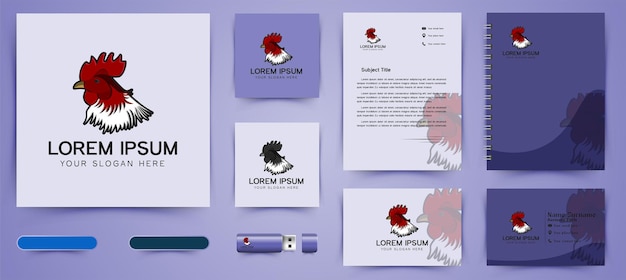 頭の鶏のオンドリのロゴとビジネスブランディングテンプレート白い背景で隔離のデザインのインスピレーション