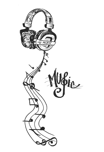 커버 디자인 포스터 배너 장식을 위한 음악 노트 모션 모양 패턴이 있는 음악 웨이브 라인이 있는 헤드폰