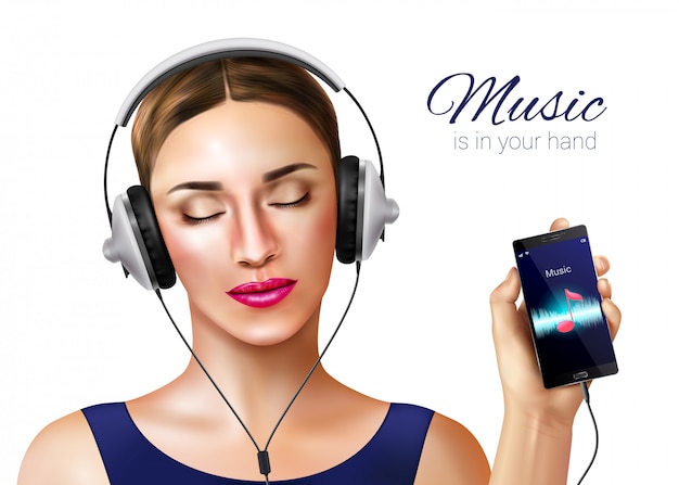 Vettore gratuito composizione realistica nell'illustrazione delle cuffie delle cuffie con l'applicazione umana femminile del lettore musicale e del carattere sullo schermo dello smartphone