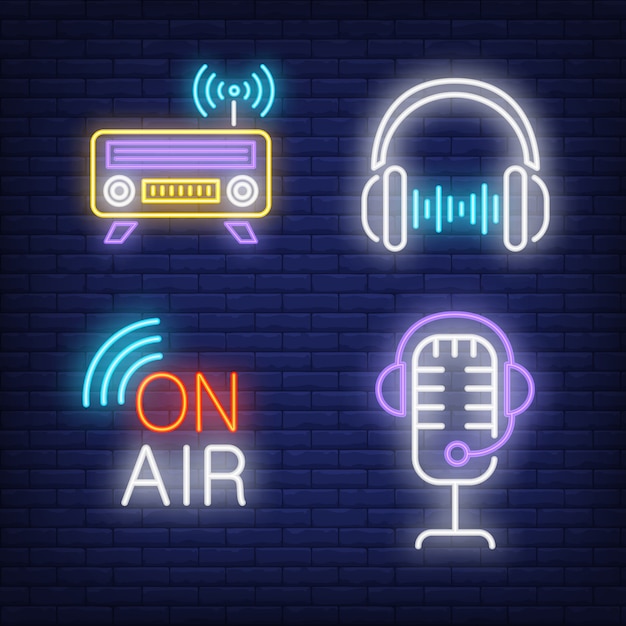 Free vector headphones, radio and microphone neon signs set