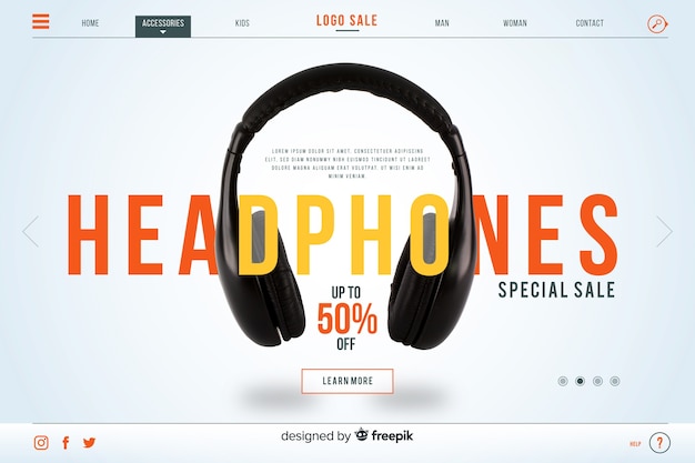 Free vector headphones sale landing page with photo