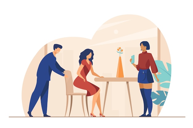 Free vector headwaiter welcoming customer in cafe. woman sitting down at table, waiter accepting order flat vector illustration. restaurant, service