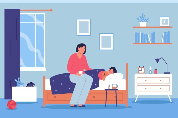 Плоский фон здравоохранения с матерью, сидящей с лекарствами возле кровати своего больного сына, векторная иллюстрация
