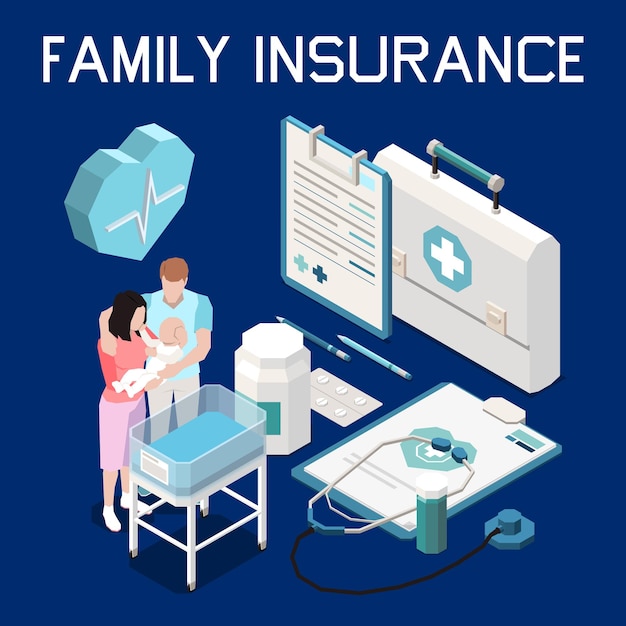 Concetto isometrico di assistenza sanitaria con l'illustrazione del vettore di assicurazione familiare medica