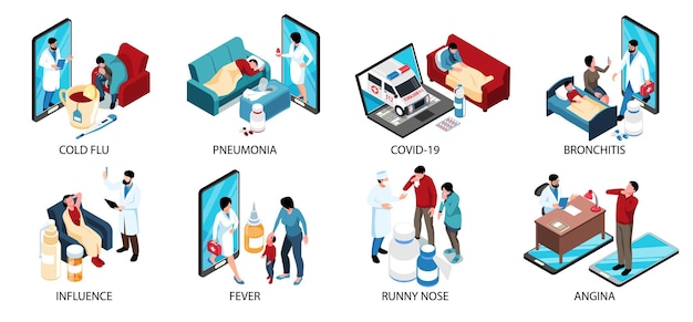 Health care isometric set with cold flu pneumonia bronchitis influenza fever angina runny nose covid 19 isolated compositions illustration