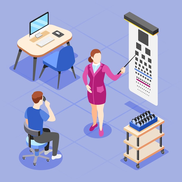 Health checkup isometric composition with man during vision examination tests at ophthalmologists office on color background illustration