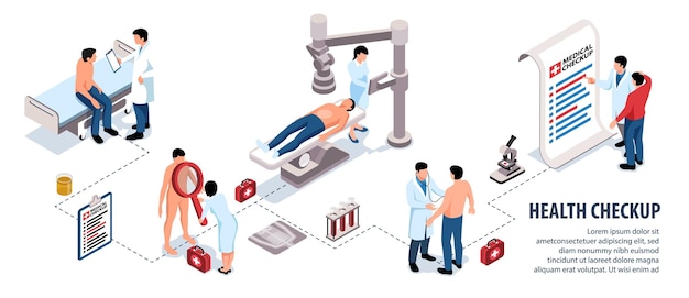 Free vector health checkup isometric infographic with text field and people going through medical examinations at clinic vector illustration