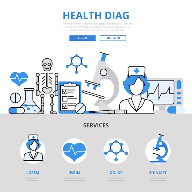 건강 검진 의료 진단 실험실 실험실 테스트 병원 서비스 개념 평면 선 스타일.