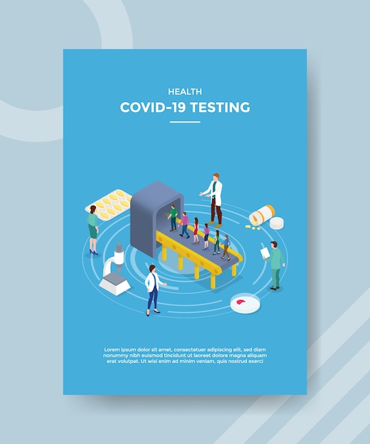 Free vector health covid 19 testing people waiting line get in to medical exam appliance for template flyer