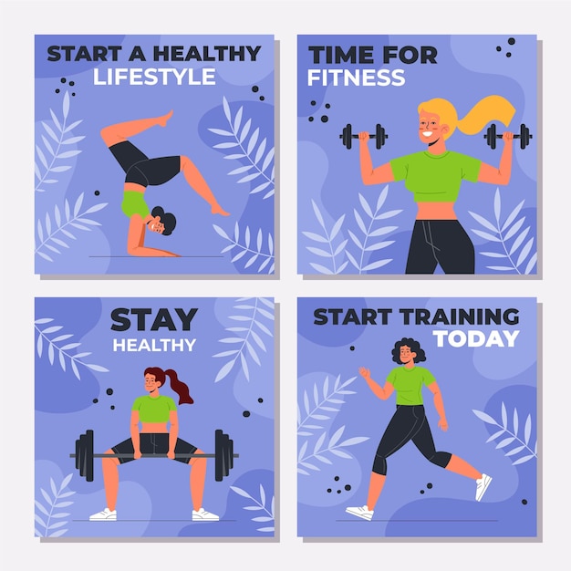 Free vector health and fitness instagram posts collection