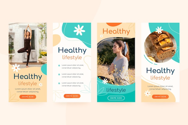 Free vector health and fitness instagram stories collection with photo