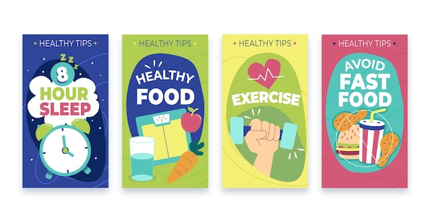 Free vector health and fitness instagram stories collection