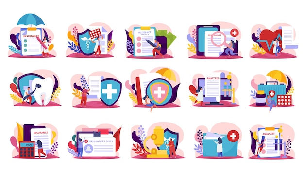 Медицинское страхование перекрашивает иконки, установленные с символами лечения, с плоской изолированной векторной иллюстрацией
