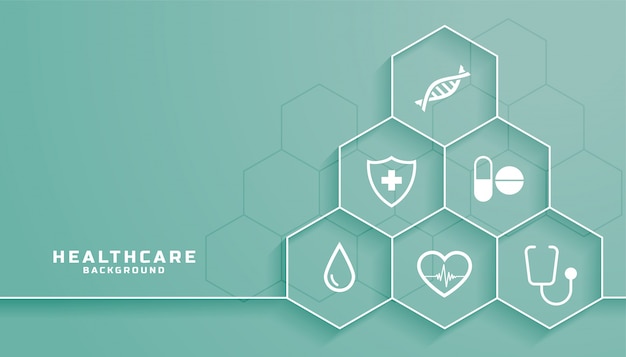 Free vector healthcare background with medical symbols in hexagonal frame