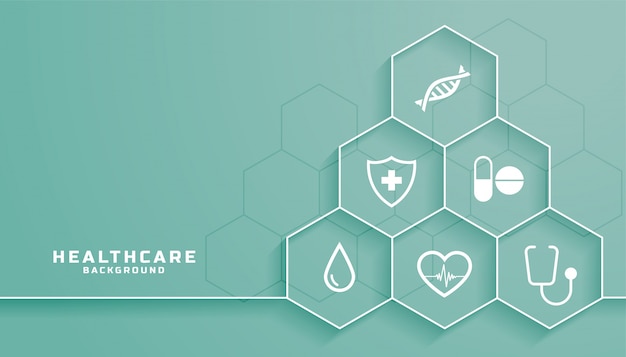 Healthcare background with medical symbols in hexagonal frame