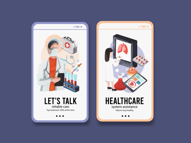 Healthcare instagram template design with Medical equipment and medical staff and highly technological devices doctors and patients