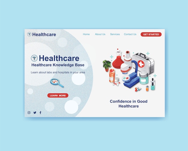 Vettore gratuito progettazione del modello di sito web di assistenza sanitaria con attrezzature mediche
