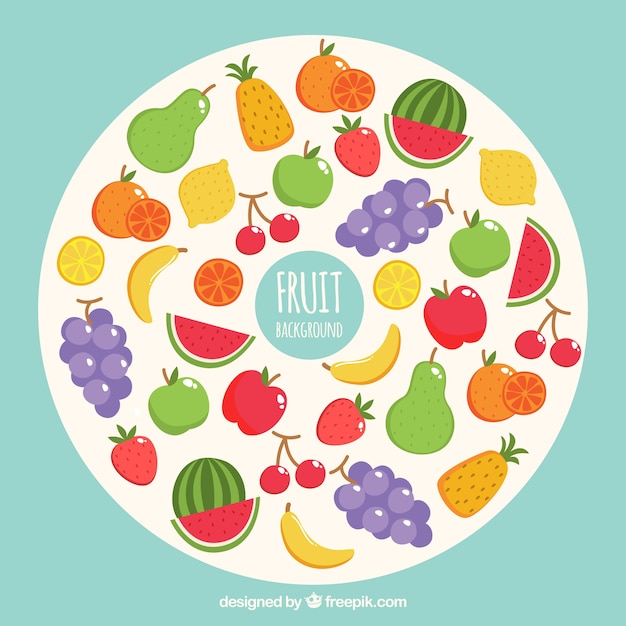 Sfondo sano con frutta in un cerchio bianco