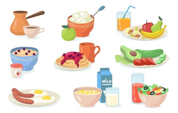 Healthy breakfast meals set. Flat Illustration