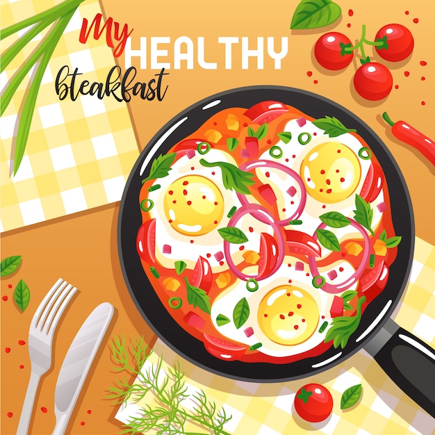 Free vector healthy breakfast with eggs vegetables and greenery on frying pan at table top view flat illustration